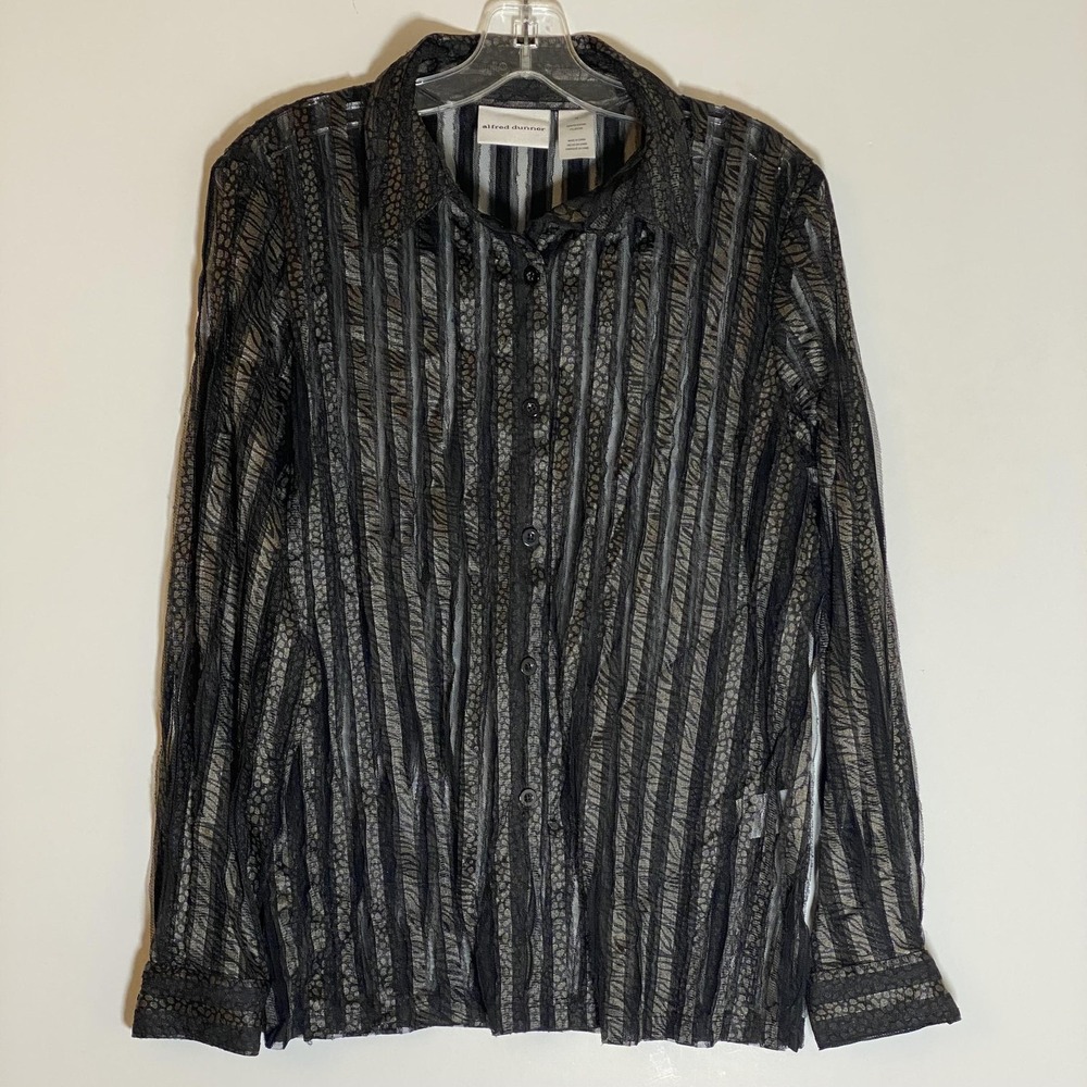 Alfred Dunner Top Womens 12 Black Animal Print Sheer Mesh Stripe Textured Button